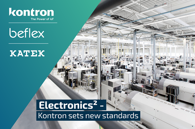 Produktionshalle für elektronische Baugruppen, Firmennamen Kontron, KATEK und beflex, Unternehmen der Kontron Gruppe stehen für Entwicklung, Prototyping, Produktion, Montage